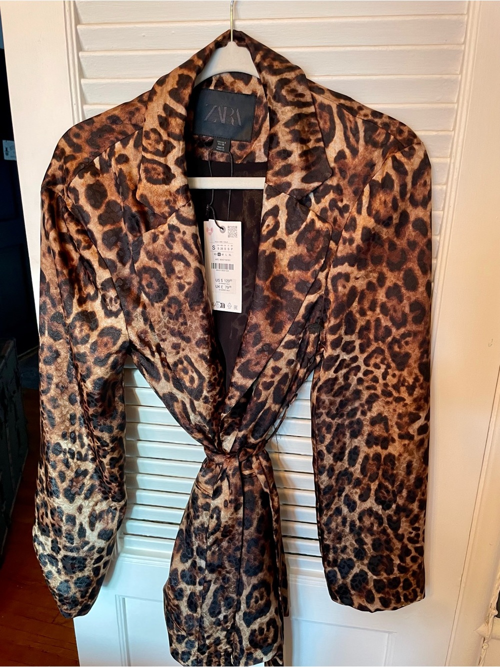 Zara Brown and Black Leopard Satin Tie-Waist Blouse/blazer. NWT